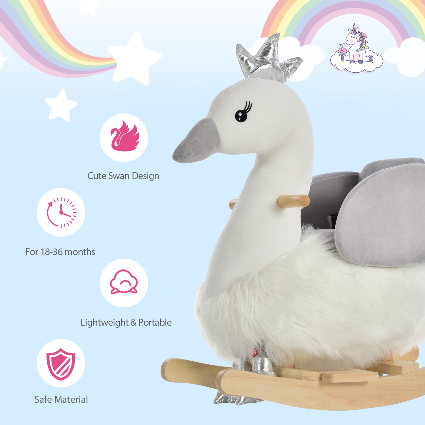 Kids Plush Ride-On Rocking Animal Horse Swan-shaped Toy Rocker with Realistic Sounds for Toddler 18-36 Months