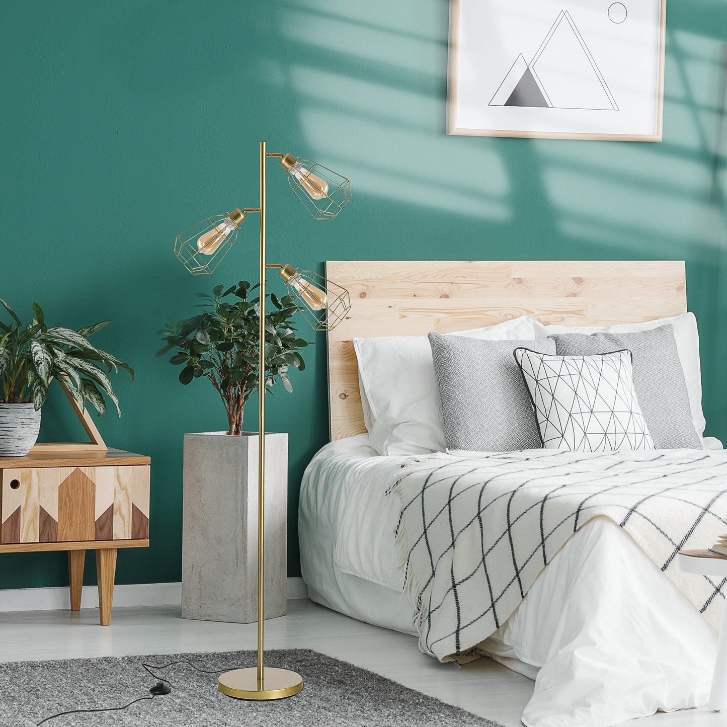 Retro Style Practical Tree Floor Lamp 3 Angle Adjustable Lampshade Steel Base for Living Room Bedroom Office Gold 165cm