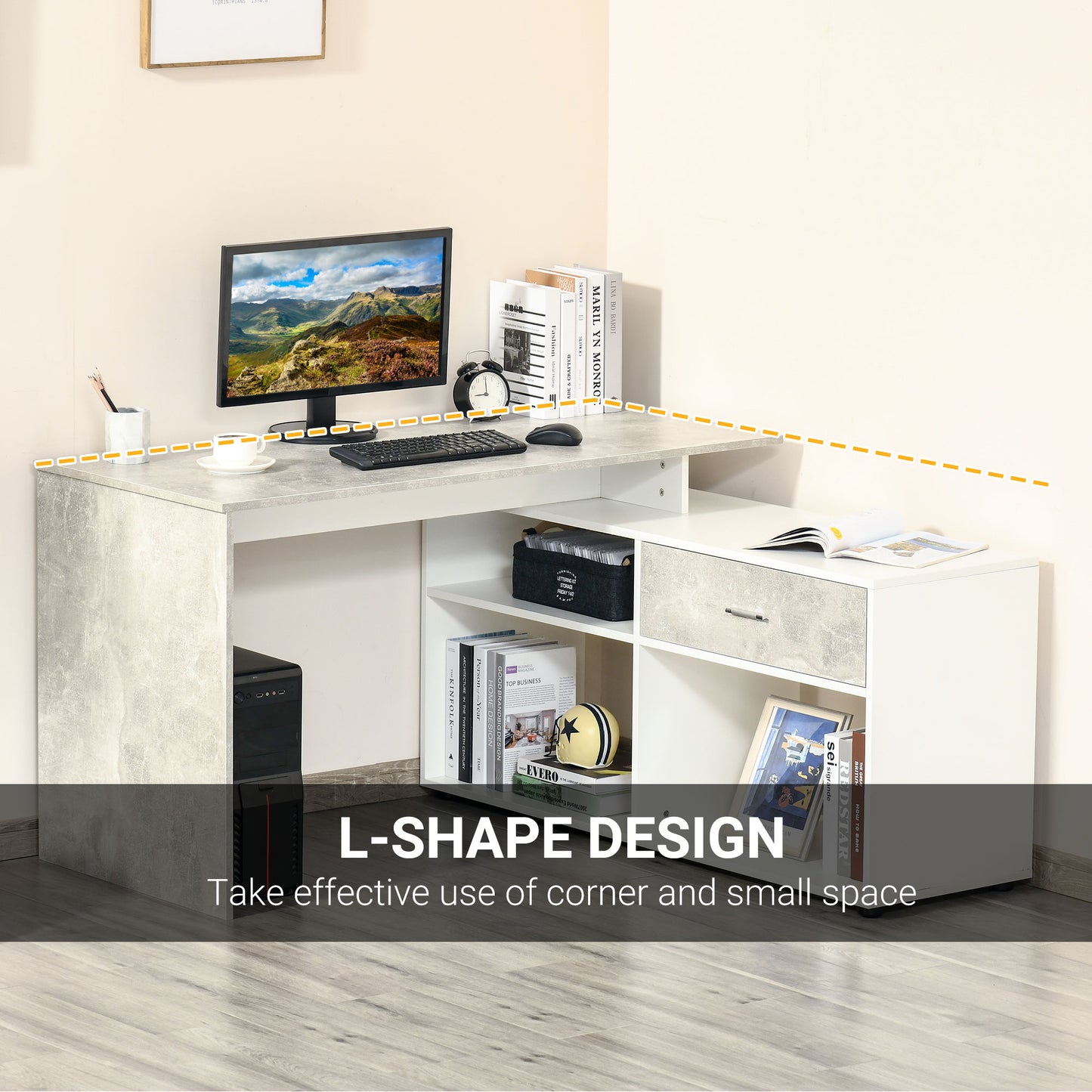 L-Shaped Computer Desk Home Office Corner Desk Study Workstation Space Saving Table with Shelves Drawer, Grey and White