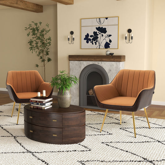 Retro Style Velvet Armchairs, Upholstered Accent Chairs with Golden Steel Legs, Modern Vanity Chairs For Living Room, Bedroom, Set of 2, Light Brown