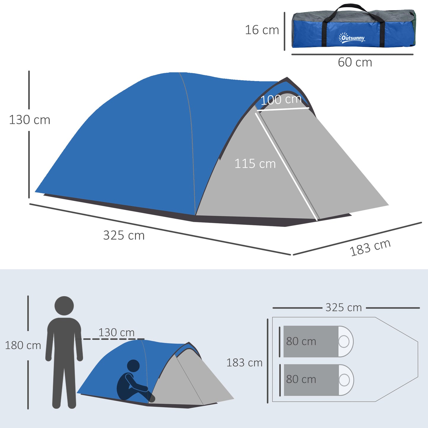 Outsunny Dome Tent for 2 Person Camping Tent with Large Windows, Waterproof Blue and Grey