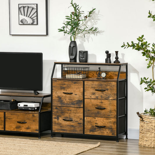 Chest of Drawers For Bedroom Industrial 5 Fabric Drawer Dresser with Open Shelf for Living Room, Rustic Brown