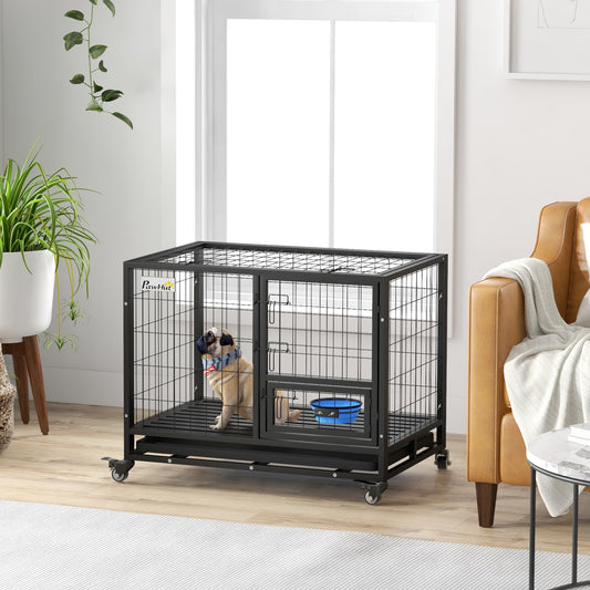 Dog Crate on Wheels | Double Doors | Bowl Holder & Foldable Bowl | Removable Tray | Detachable Top | Medium & Large Dogs up to 30kg | 92 x 62 x 73cm | Black