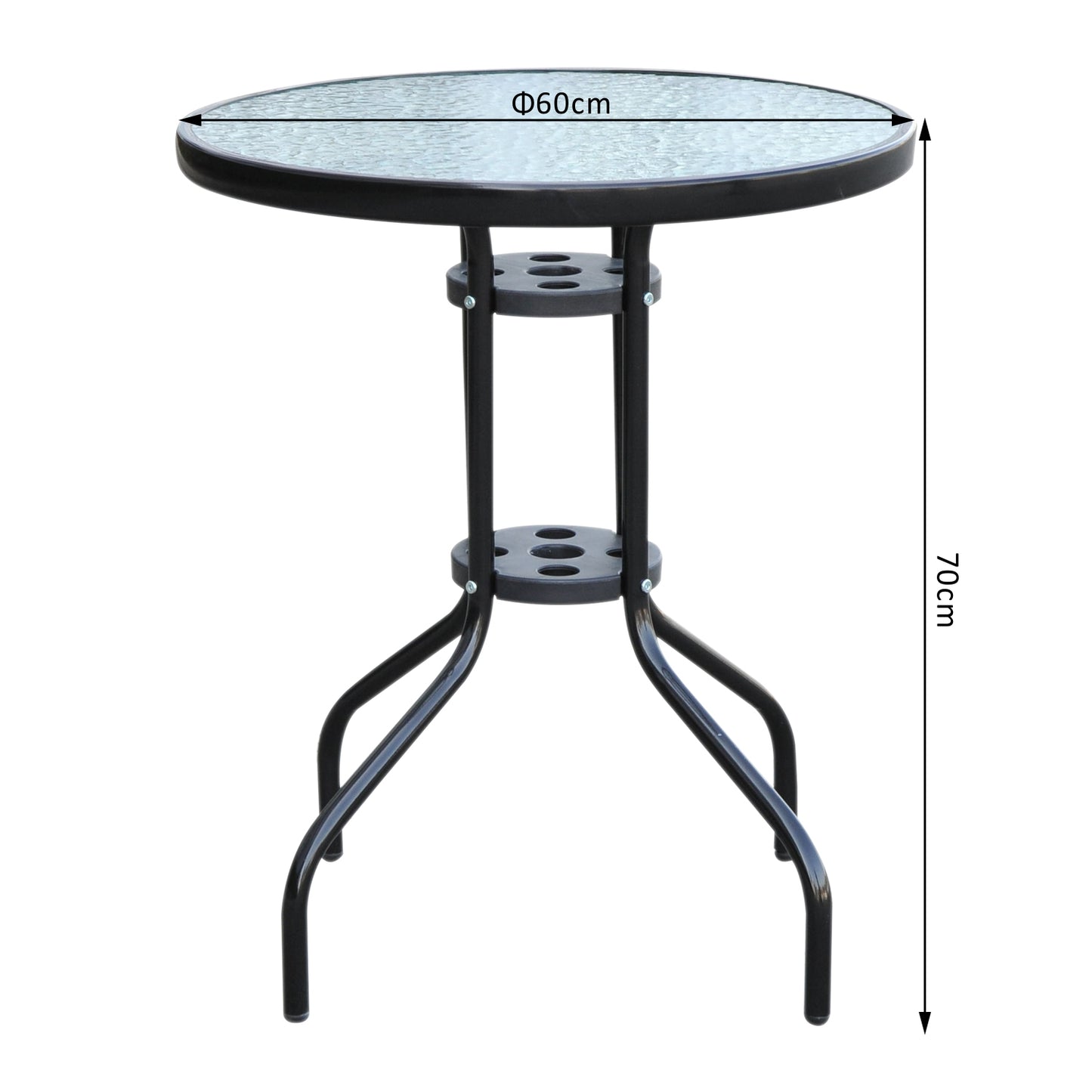 Outsunny Φ60×70H cm Round Metal Table, Garden Table Tempered Glass-Black