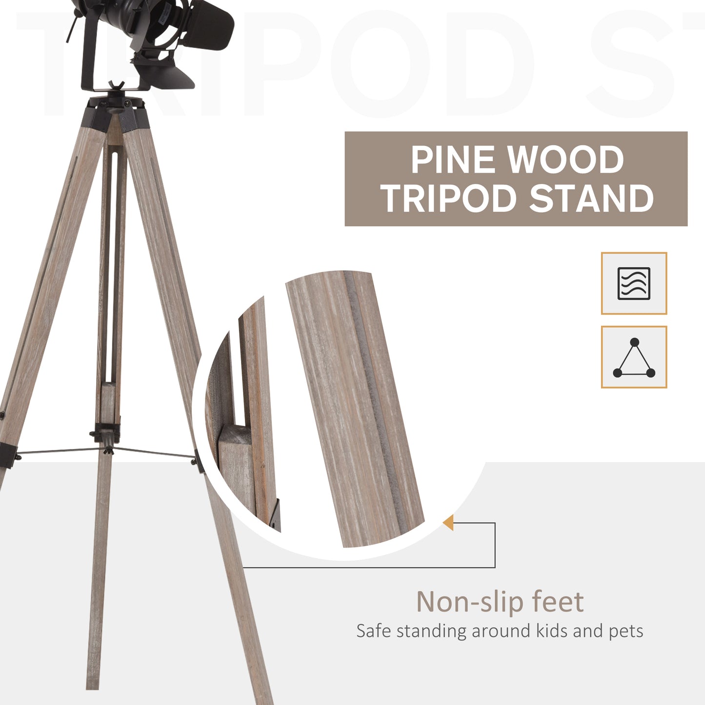 Industrial Style Tripod Floor Lamp Vintage Spotlight Reading Lamp w/ Wood Metal Legs E27 Base Versatile Use For Living Room Bedroom