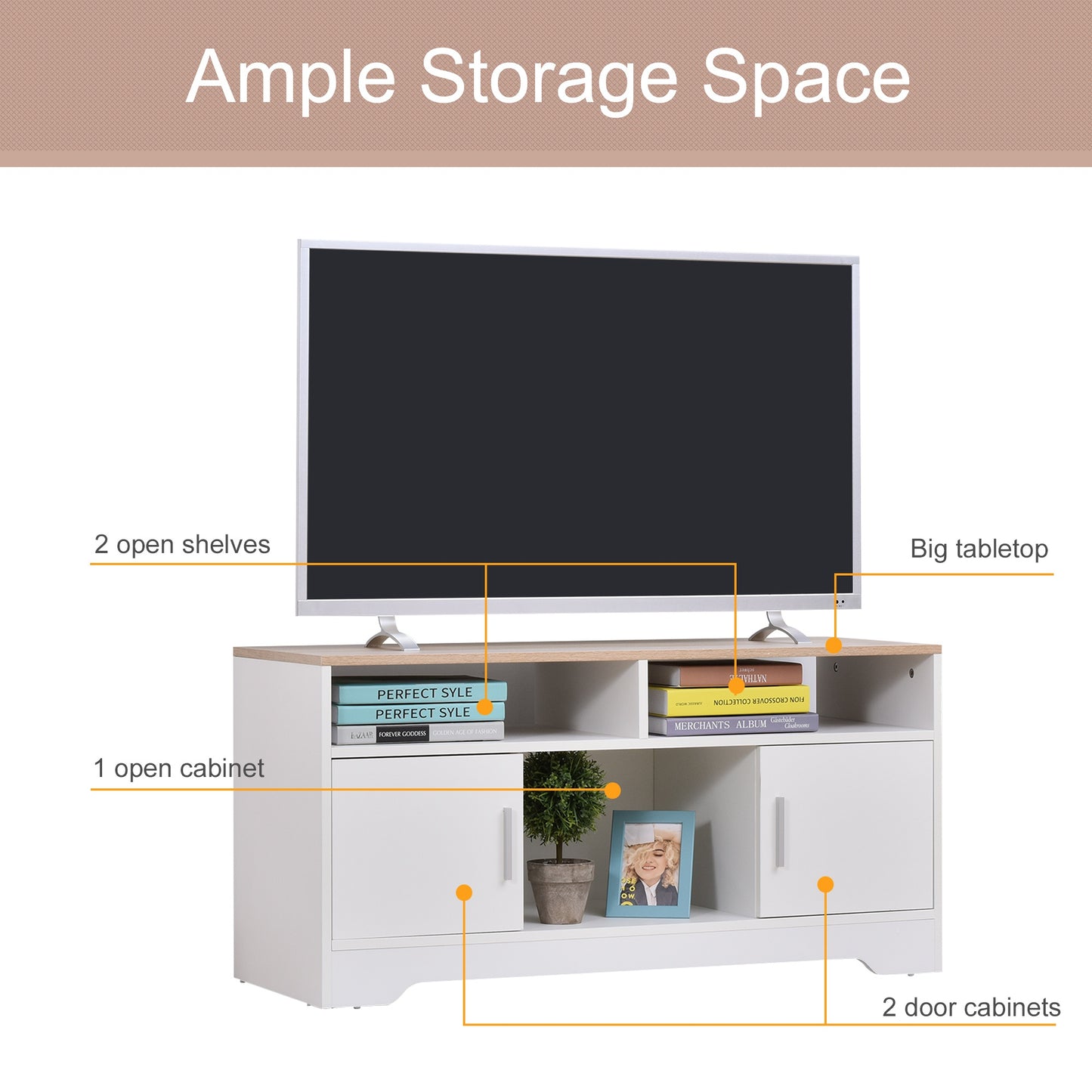 TV Stand for TVs up to 42 Inches with Cabinets, Shelves and Wide Tabletop for Living Room, Bedroom, Dining Room, White and Wood Color