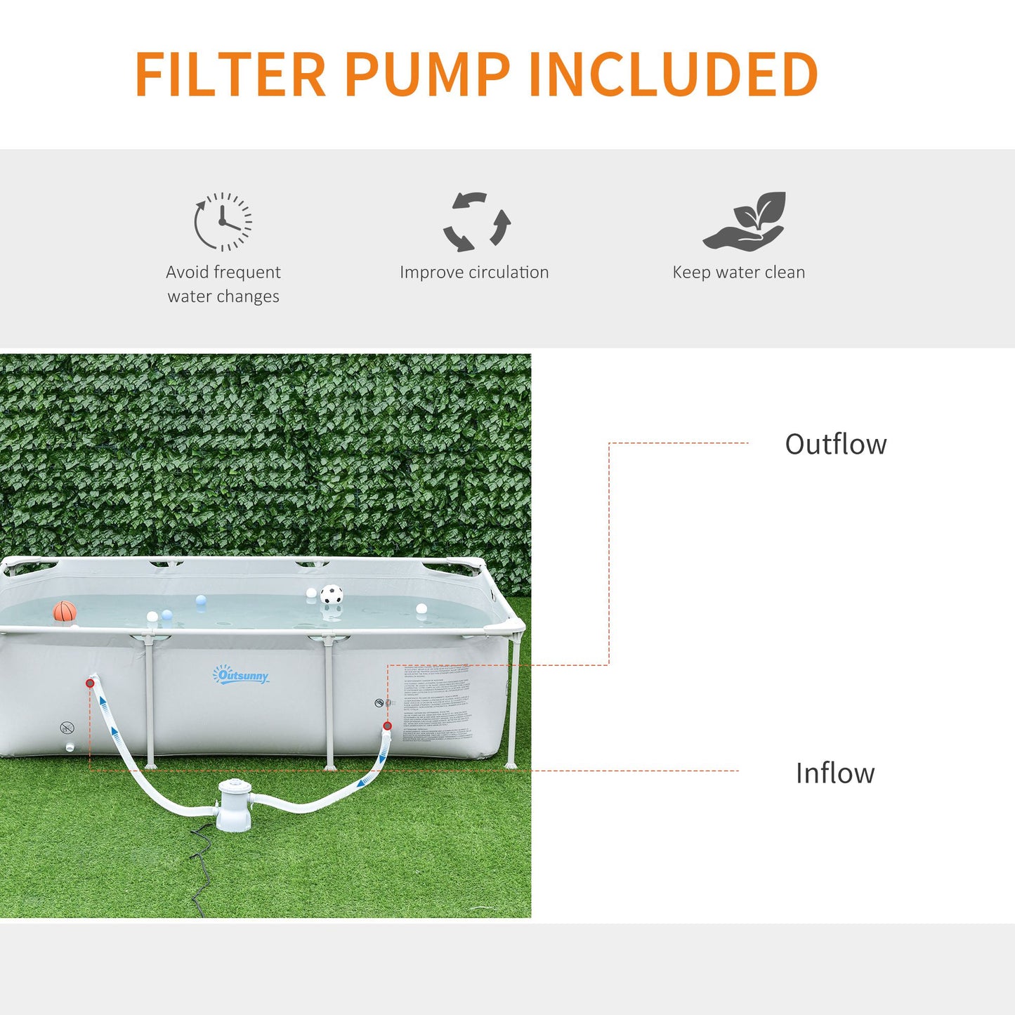 Outsunny Steel Frame Pool with Filter Pump and Filter Cartridge Rust Resistant Above Ground Pool with Reinforced Sidewalls, 252 x 152 x 65cm, Grey