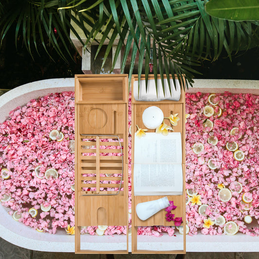 Extendable Natural Wooden Bamboo Bathtub Shelf Rack Bath Caddy Tray Bathroom Storage, Set of 2