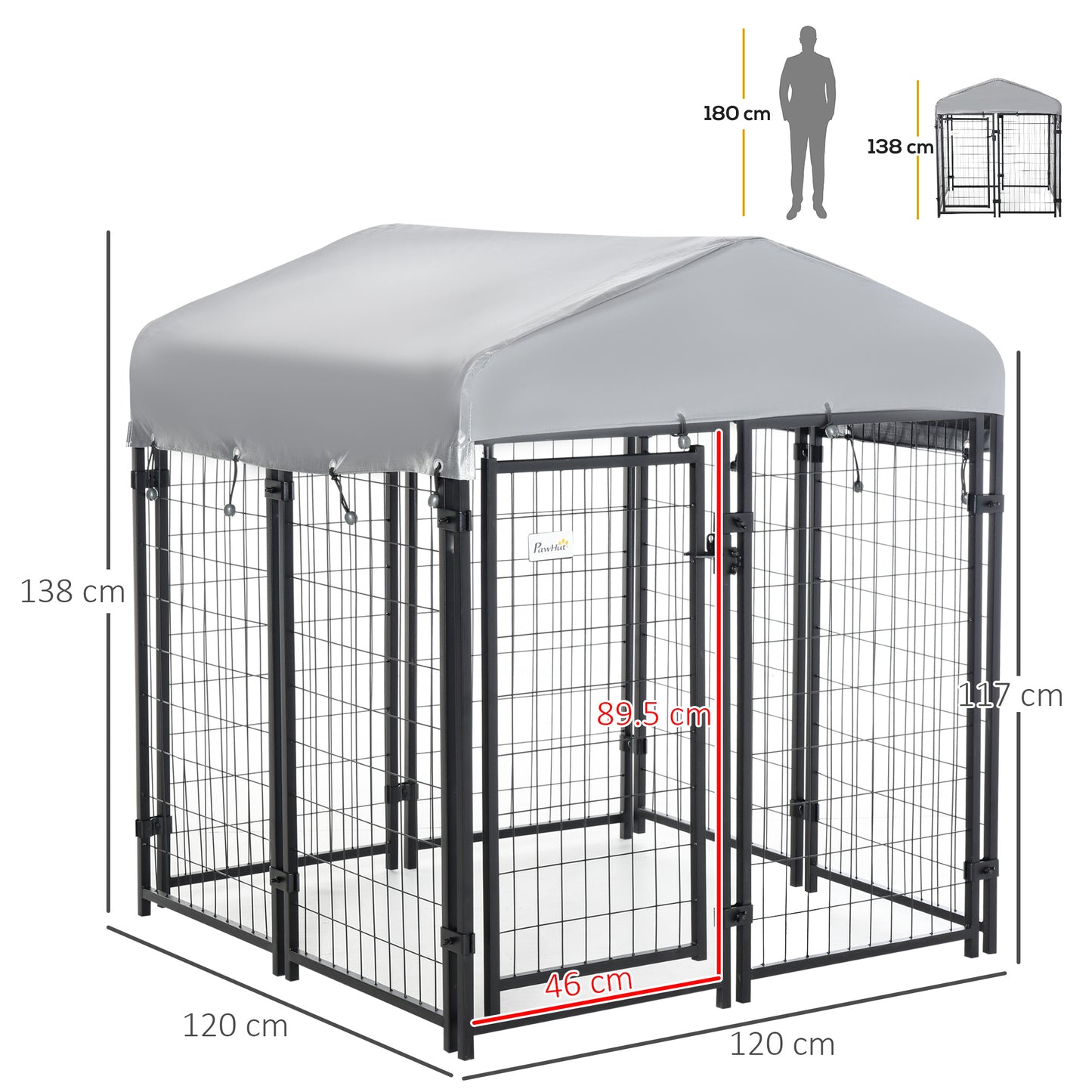 Outdoor Dog Kennel, Dog Run W/ UV-Resistant Canopy & Lockable Design, Metal Playpen Fence for Small and Medium Dogs, 120 x 120 x 138 cm