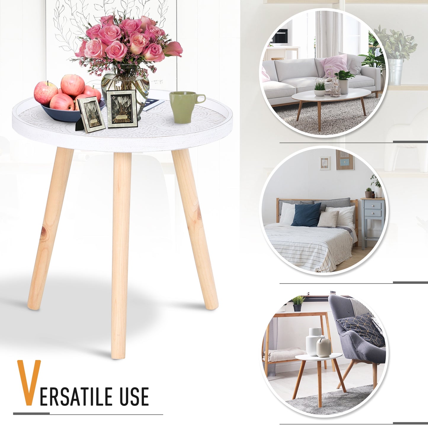 Flower Etched Side Table w/Saucer Top Wood Legs Living Room Bedroom Furniture Coffee End Table Display Decoration Elegant - White