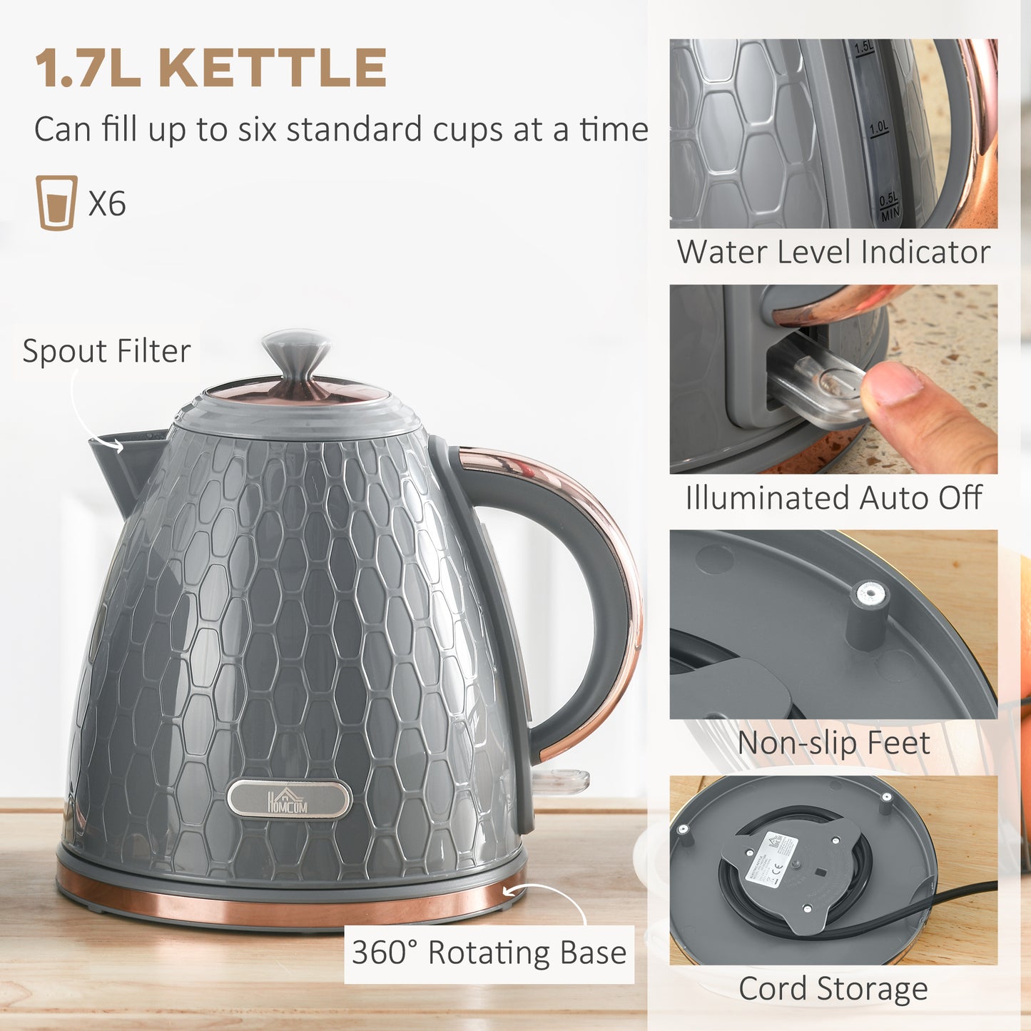 3000W 1.7L Fast Boil Kettle & 4 Slice Toaster Set, Kettle and Toaster Set with 7 Browning Controls, Crumb Tray, Grey