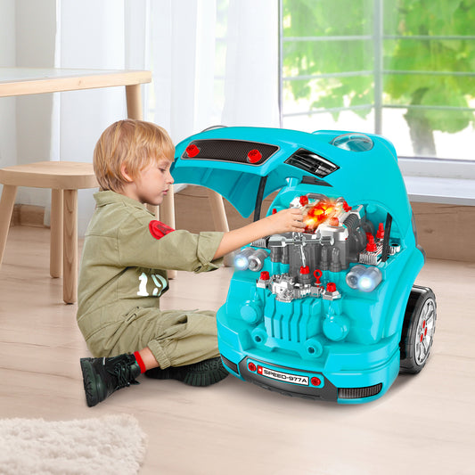 Kids Truck Engine Toy Set, Educational Car Service Station Playset, Take Apart Workshop, w/ Steering Wheel, for 3-5 Years Old Teal Green