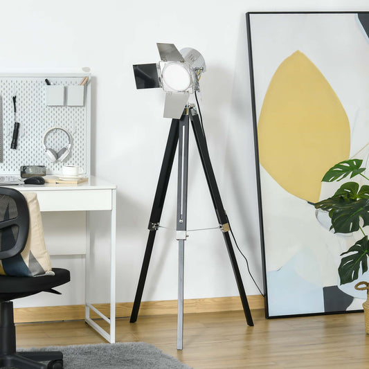 Industrial Tripod Floor Lamp, Nautical Cinema Standing Spotlight with Wood Legs and Adjustable Height for Living, Bedroom, Black and Silver