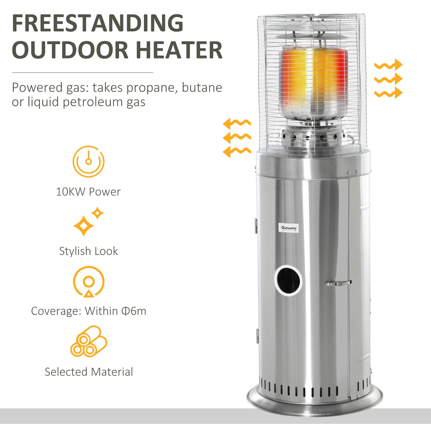 Outsunny 10KW Outdoor Gas Patio Heater Terrace Freestanding Bullet Style Heater with Wheels, Dust Cover, Regulator and Hose, Silver