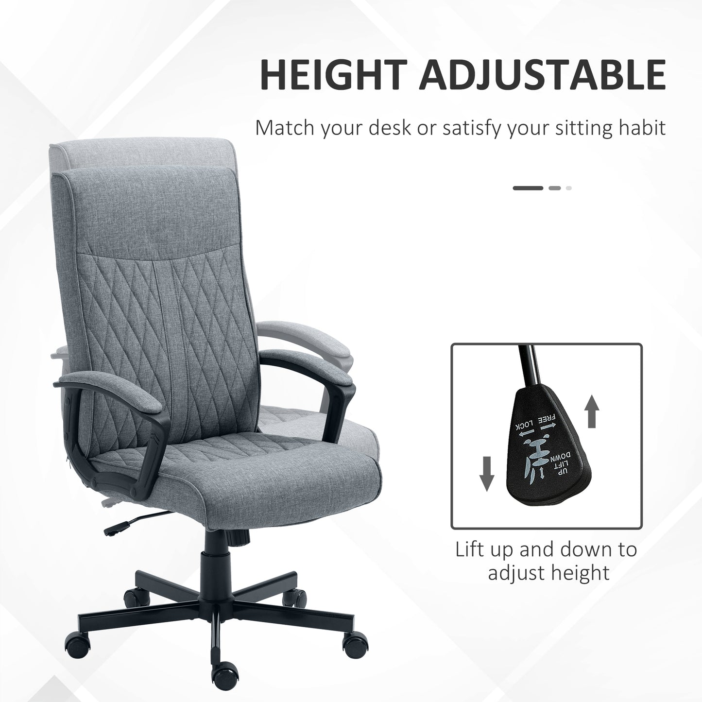Vinsetto High-Back Home Office Chair, Linen Swivel Computer Chair with Adjustable Height and Tilt Function for Living Room, Bedroom, Study, Dark Grey