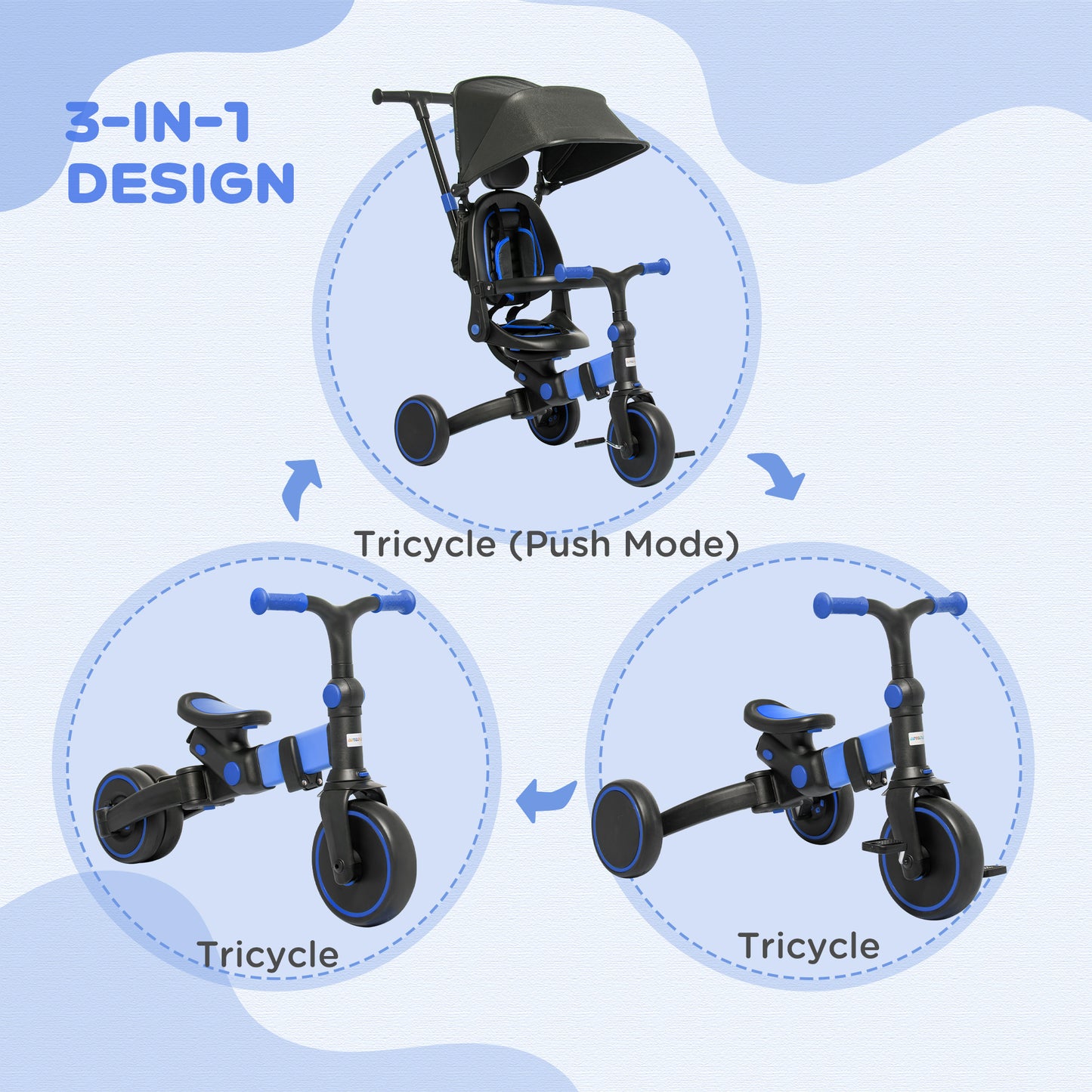 AIYAPLAY 3-in-1 Tricycle for Kids with Aluminium Frame, Baby Trike with Adjustable Push Handle, Canopy and Seat Angle for 18-48 Months, Blue
