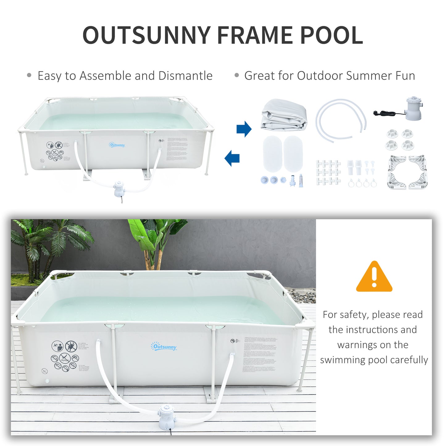 Outsunny Steel Frame Pool with Filter Pump and Filter Cartridge Rust Resistant Above Ground Pool with Reinforced Sidewalls, 292 x 190 x 75cm, Grey
