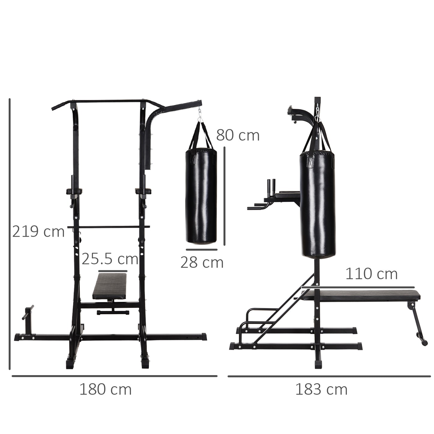 Home Gym Power Tower with Bench and Punching Bag, Multi-Function Adjustable Dip Sit Up Workout Station Equipment Heavy Duty for Home