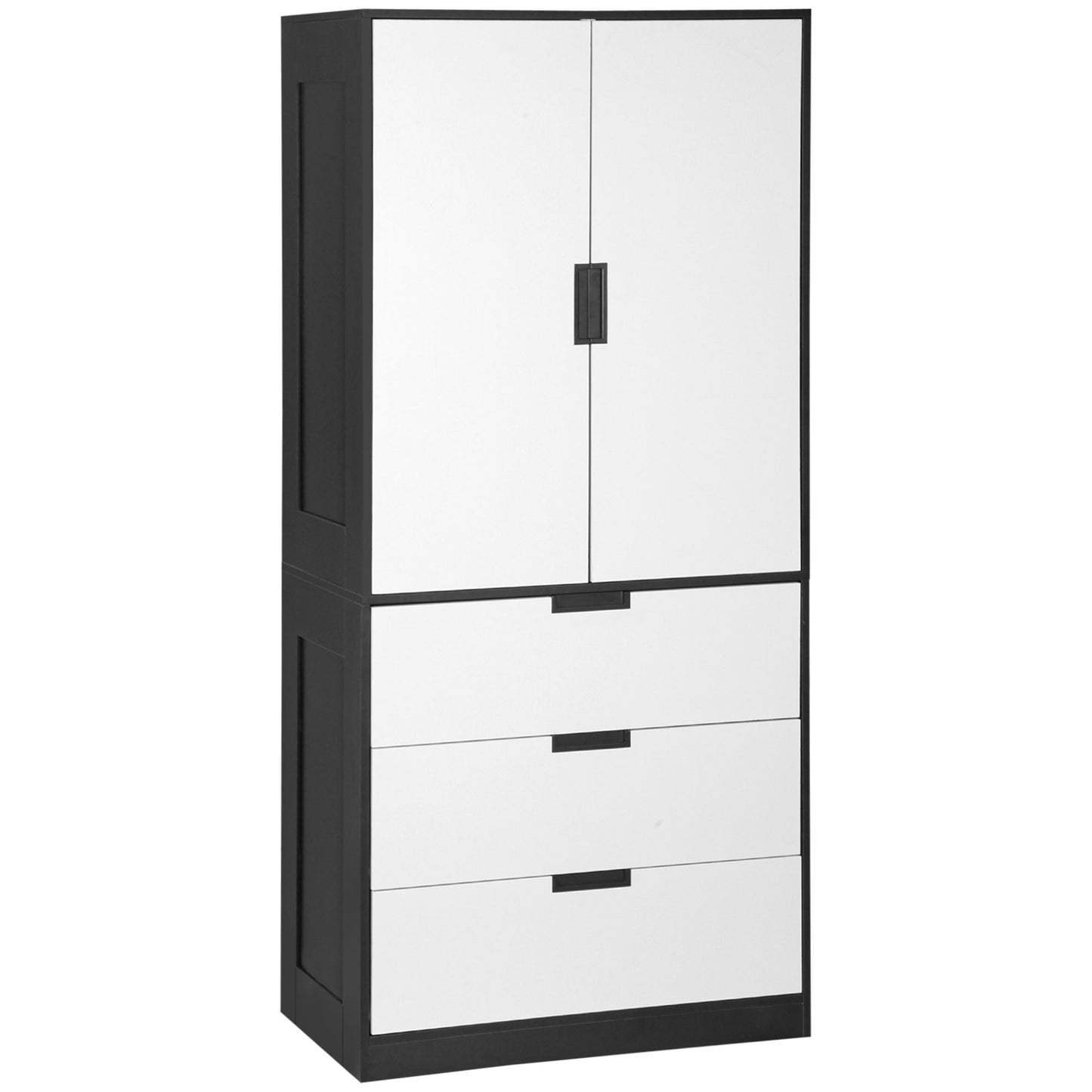 2 Door Wardrobe, Modern Wardrobe with 3 Drawers and Hanging Rod for Bedroom, White