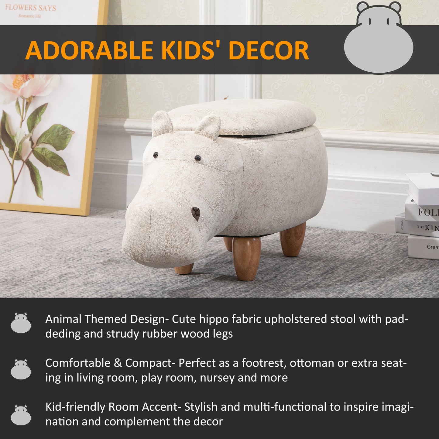 Hippo Storage Stool Cute Decoration Footrest Wood Frame Legs with Padding Lid Ottoman Animal Furniture Cream 36 x 65cm