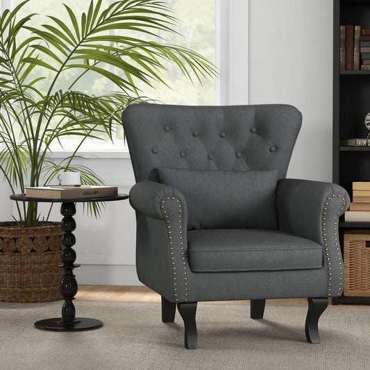 Chesterfield-style Accent Chair, Tufted Wingback Armchair with Pillow, Nailhead Trim for Living Room, Bedroom, Dark Grey