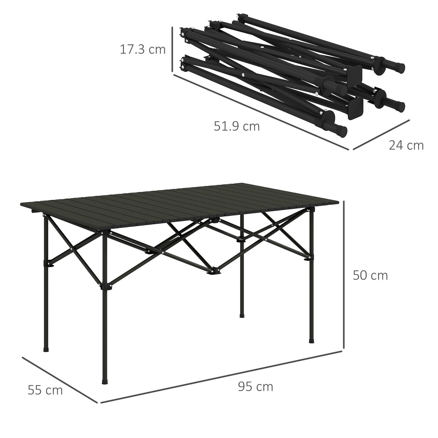 Outsunny Portable Aluminium Picnic Camping Table, Lightweight Folding With Roll Up Top, Carry Bag For Outdoor Camping - Black