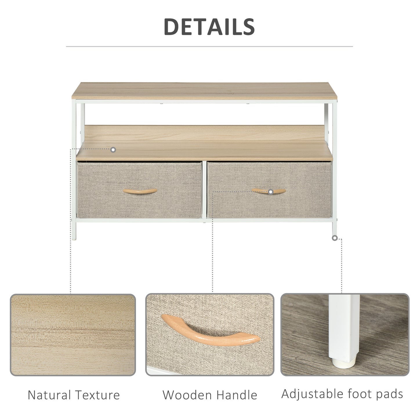 TV Cabinet Console Unit with 2 Foldable Linen Drawers, TV Stand with Shelving for Living Room, Entertainment Room, Maple Wood Effect