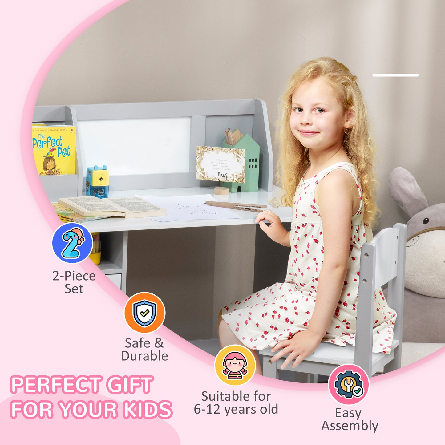 Kids Table and Chair Set w/ Whiteboard, 2 Pieces Children Table, Chair Set, Multi-usage Toddler Furniture, for Arts & Crafts Snack Time, Grey