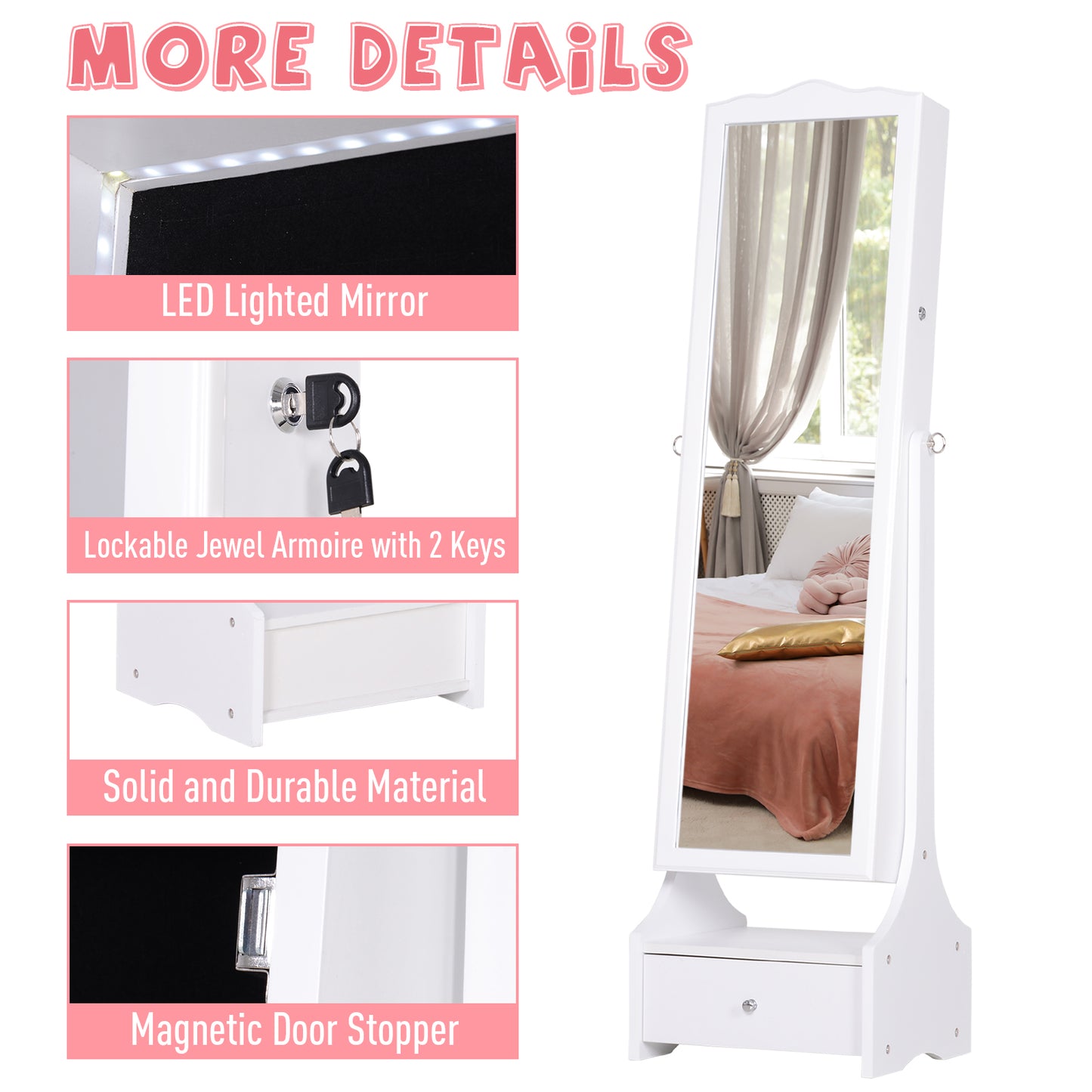Jewellery Cabinet with led, Mirror Cabinet Armoire Floor Standing Flip-over Makeup Shelf Organizer with lock white
