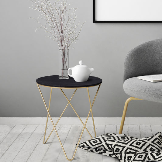 Wooden Metal Round Coffee Table Sofa End Side Bedside Table Modern Style Living Room Decor - Black Gold Color (Φ43cm)