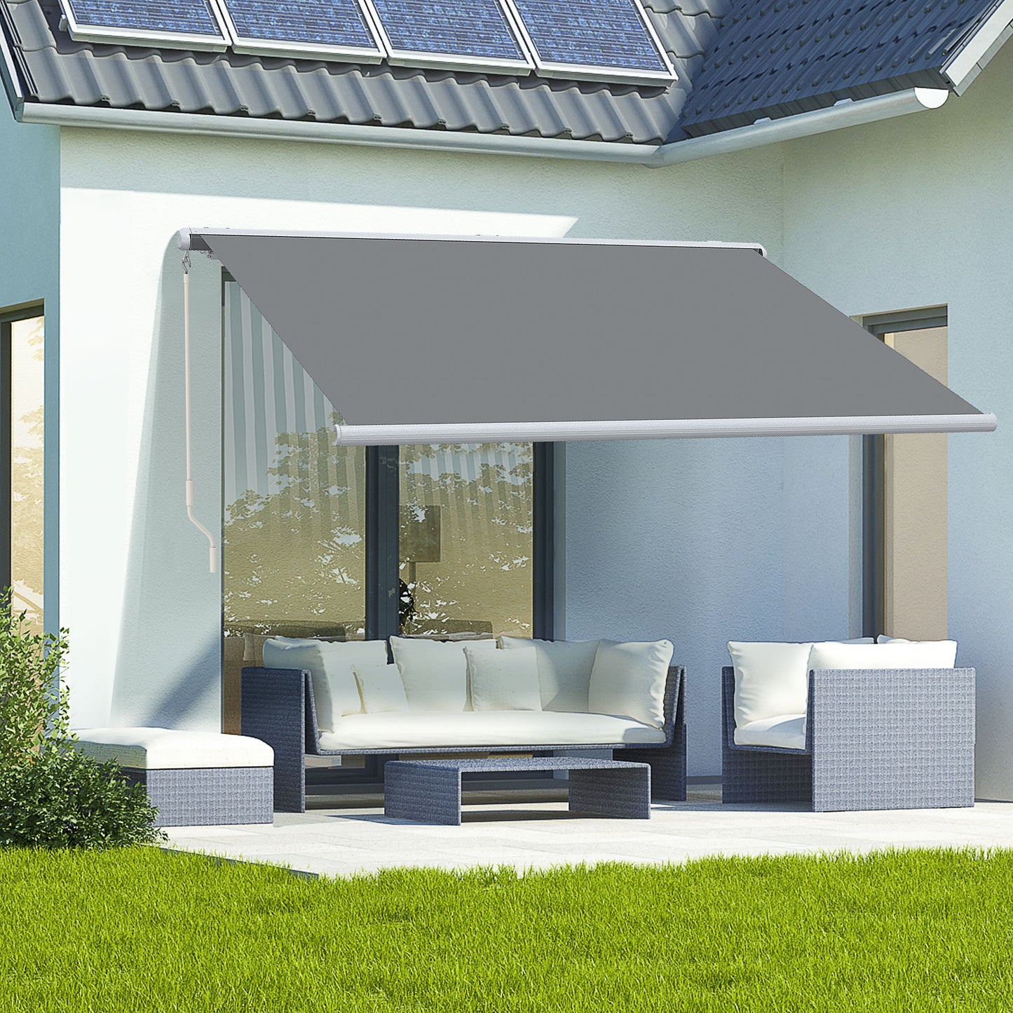 Outsunny 4 x 3 m Full Cassette Electric/Manual Retractable Awning, Sun Canopies for Patio Door Window with Remote Controller, Grey