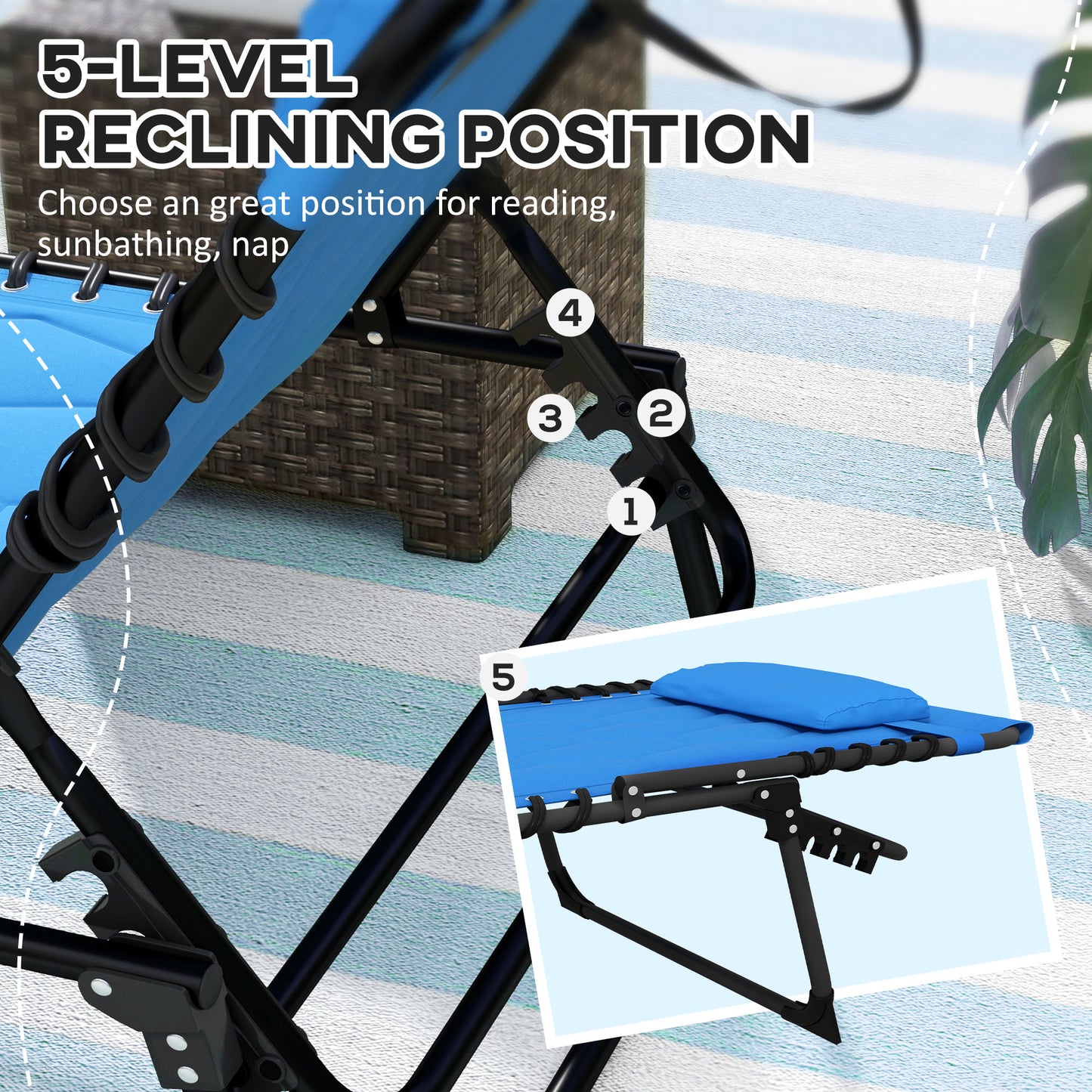 Outsunny Foldable Sun Lounger With 5 Level Reclining Back Outdoor Tanning Chair With Side Pocket, Headrest - Blue
