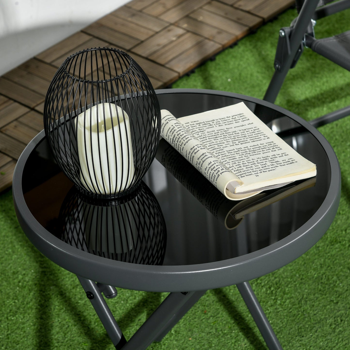 Outsunny Φ45cm Outdoor Side Table, Round Folding Patio Table with Imitation Marble Glass Top, Small Coffee Table