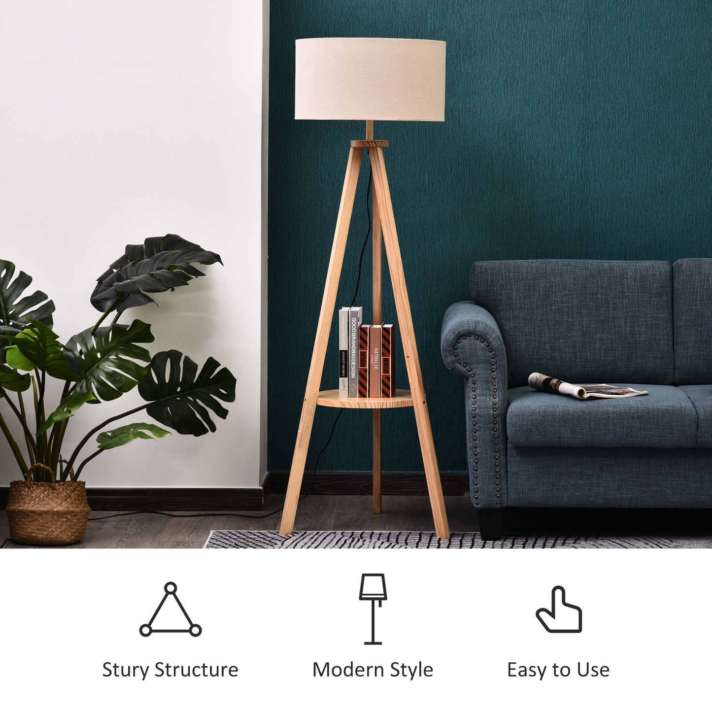 Free Standing Floor Lamp, 50Lx50Wx154H cm-Beige/Natural Wood Colour