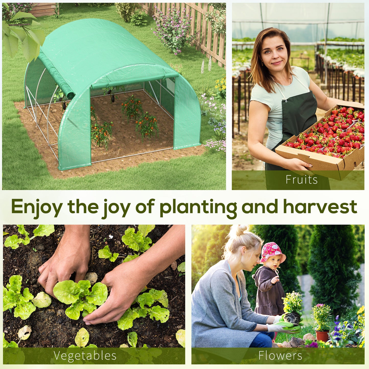 Outsunny Polytunnel Greenhouse Walk-in Grow House Tent with Roll-up Sidewalls, Zipped Door and 6 Windows, 3x3x2m Green