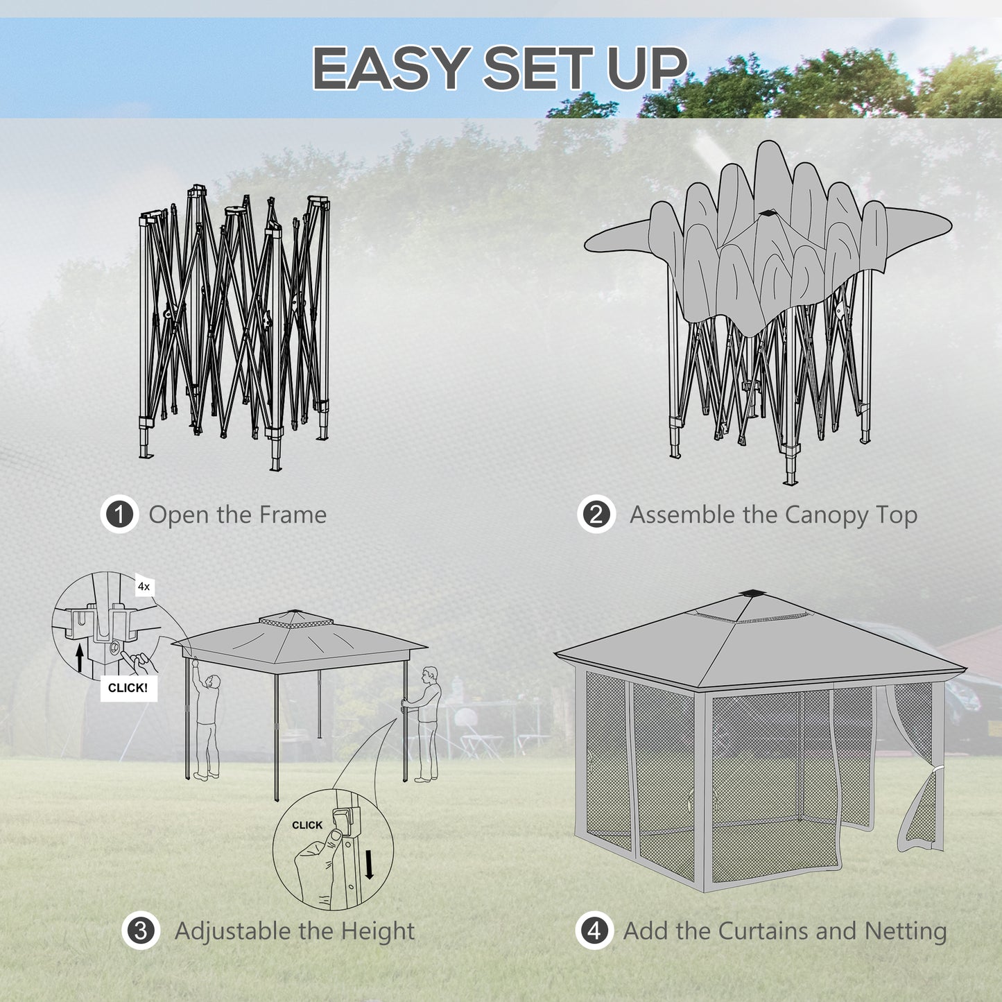 Outsunny 3 x 3(m) Pop Up Gazebo Party Tent with Solar-Powered LED Lights, Adjustable Event Shelter with Curtain, Netting, Grey