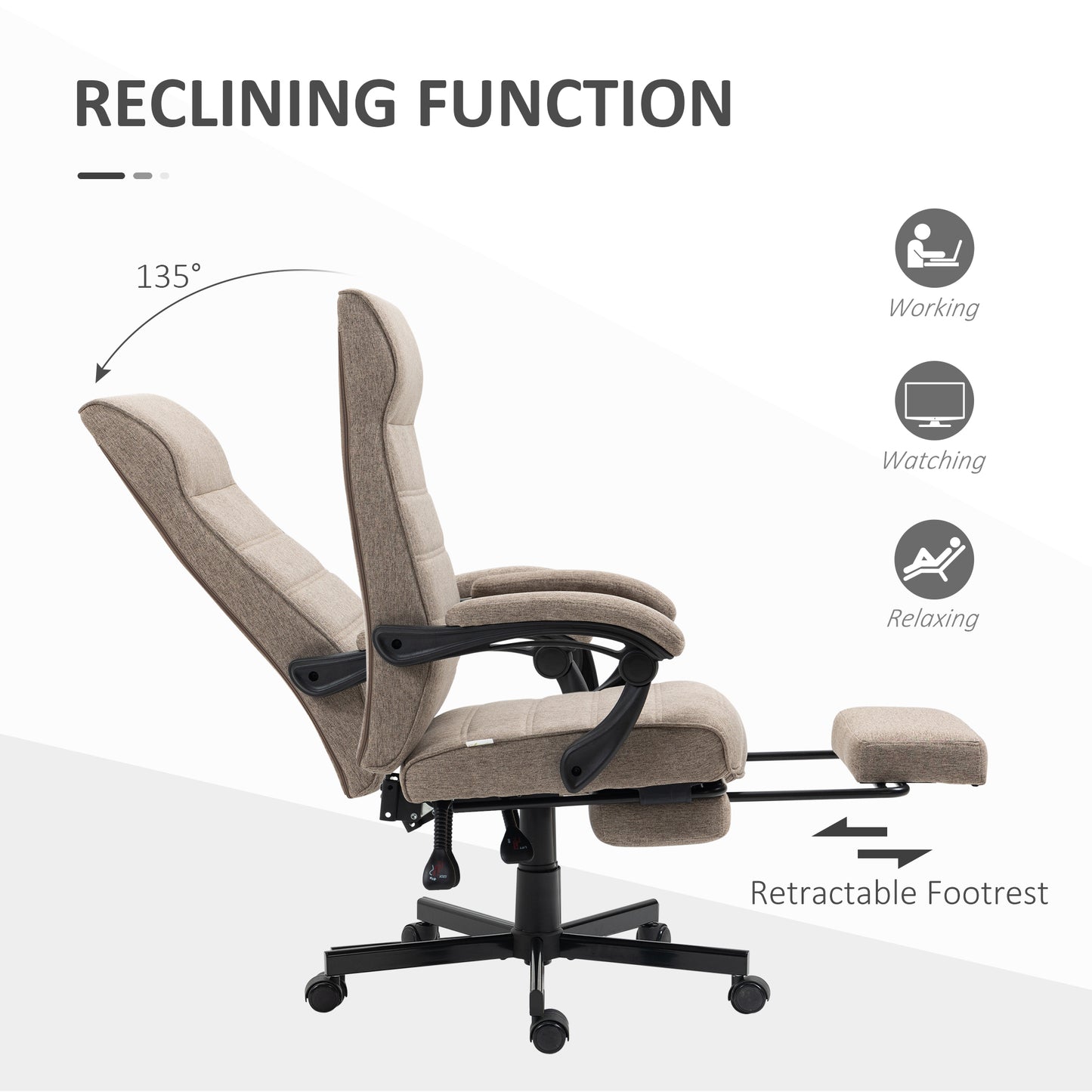 Vinsetto High-Back Home Office Chair, Linen Swivel Reclining With Adjustable Height, Footrest and Padded Armrest for Living Room, Study, Brown