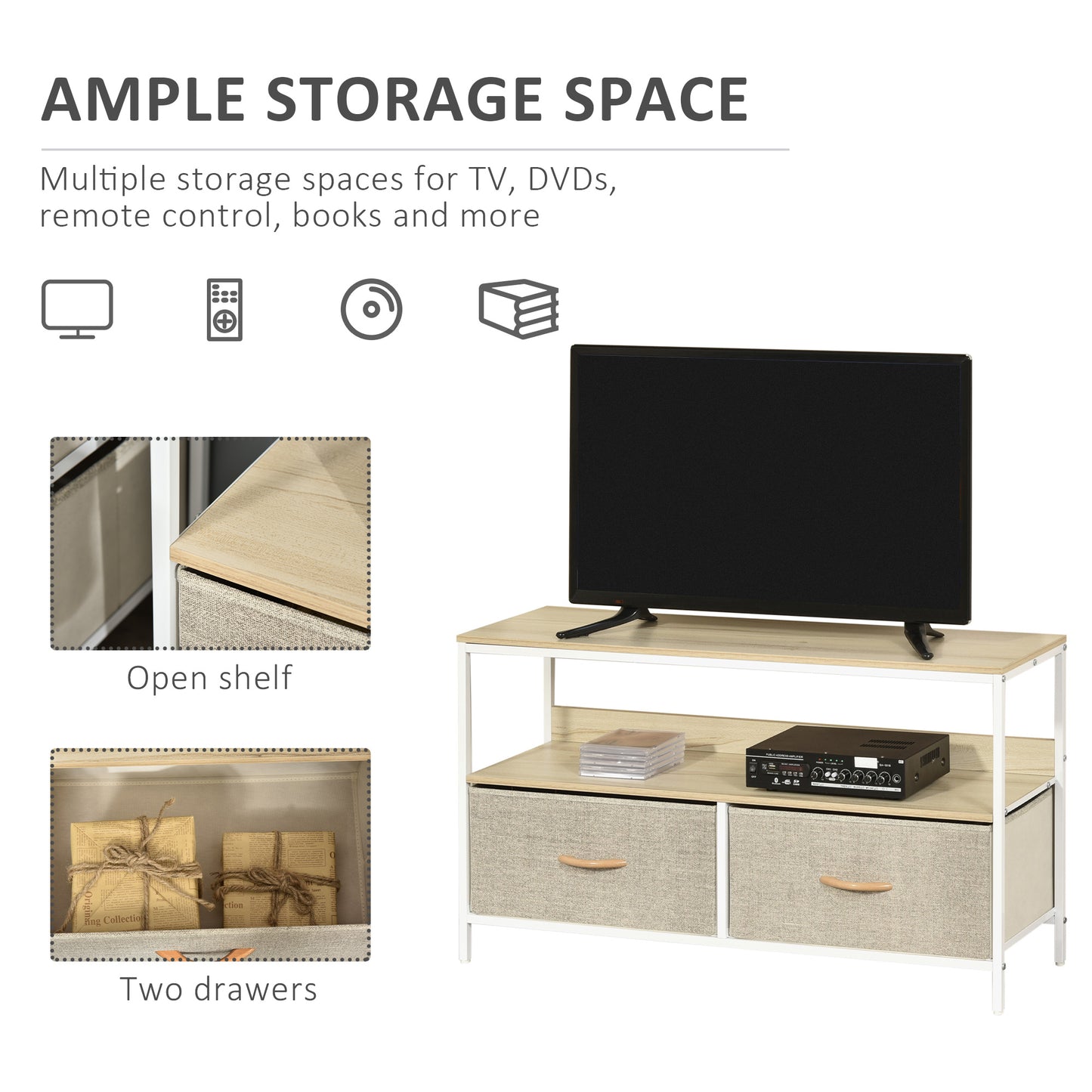 TV Cabinet Console Unit with 2 Foldable Linen Drawers, TV Stand with Shelving for Living Room, Entertainment Room, Maple Wood Effect