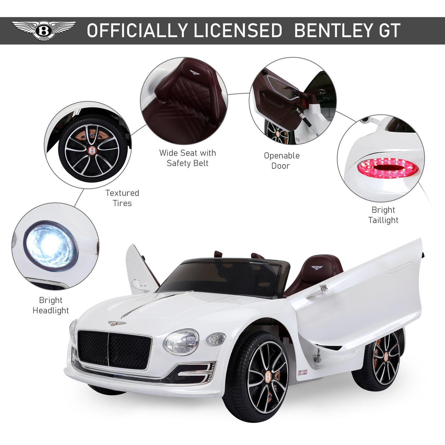 Kids Bentley Style Electric Ride-on Car W/ LED Lights-White