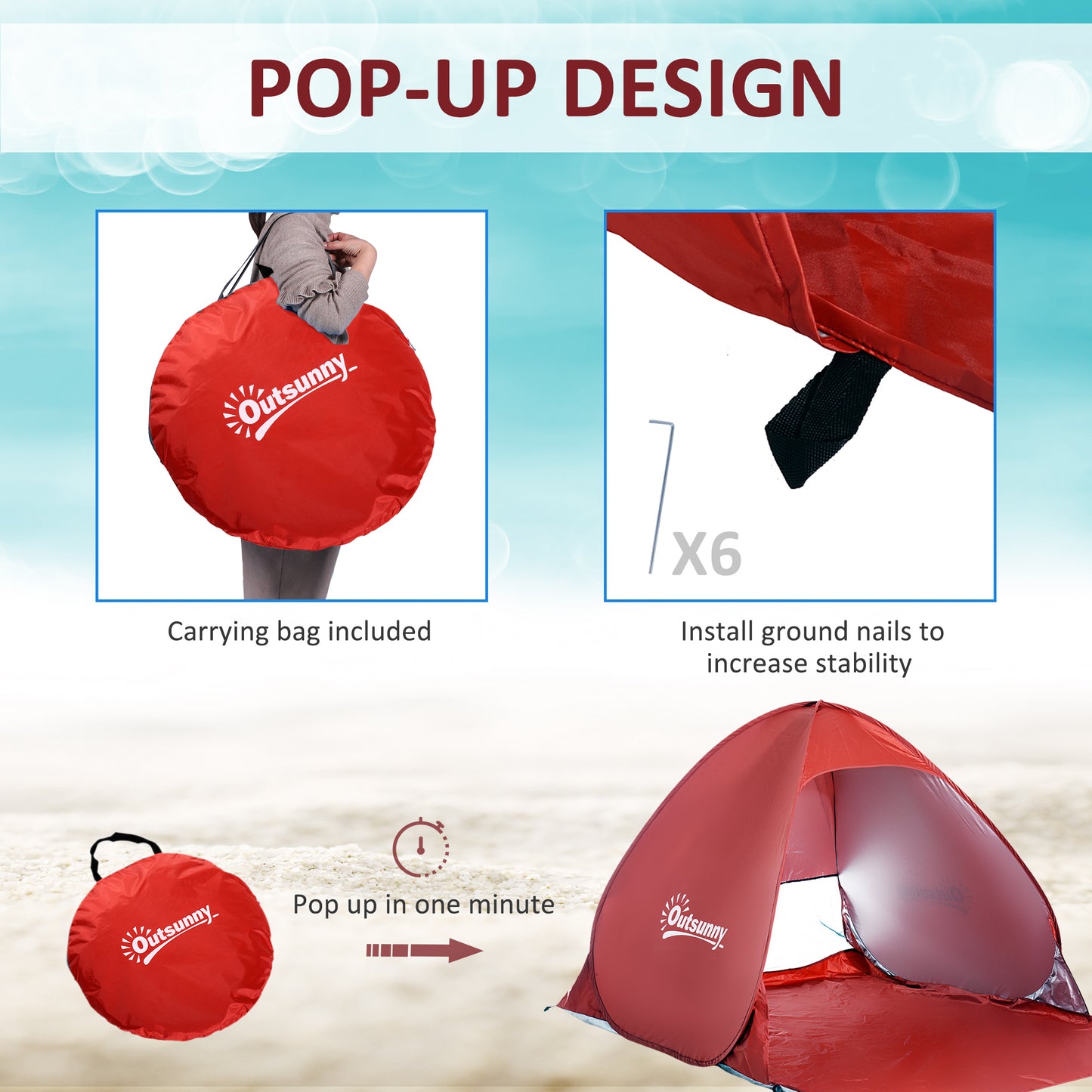 Outsunny Pop-up Portable Beach Hiking UV Protection Patio Sun Shade Shelter Tent for 2-3 Person-Red