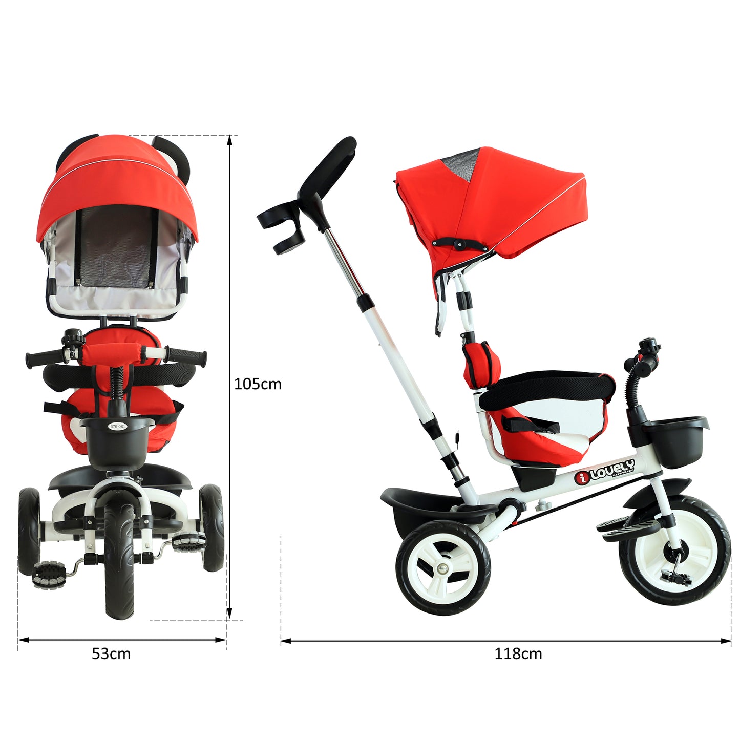4-in-1 Kids Tricycle Stroller With Canopy-Red