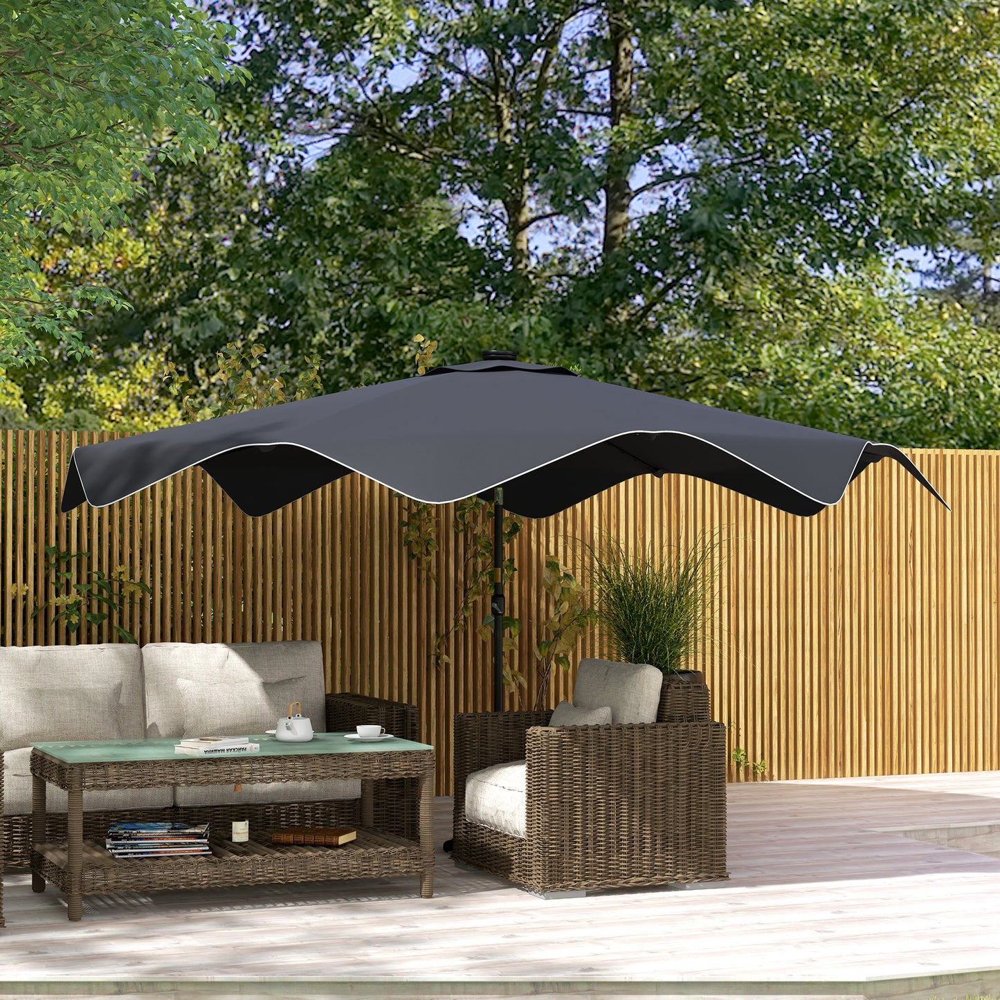 Outsunny Solar Patio Umbrella with LED and Tilt, Outdoor Market Table Umbrella Parasol with Crank, 3 x 3 (m), Dark Grey