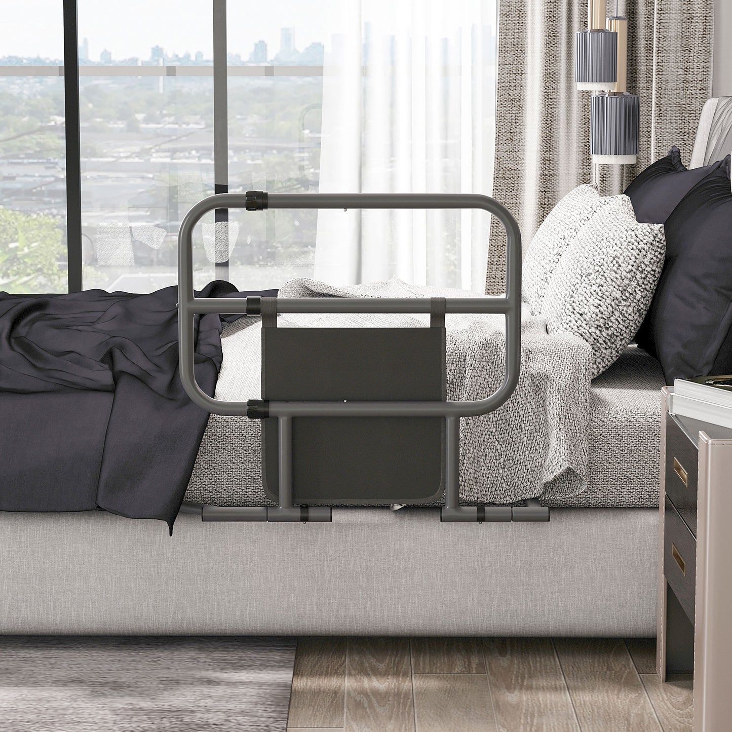 Folding Bed Safety Assist Rail With Storage Pocket - Black