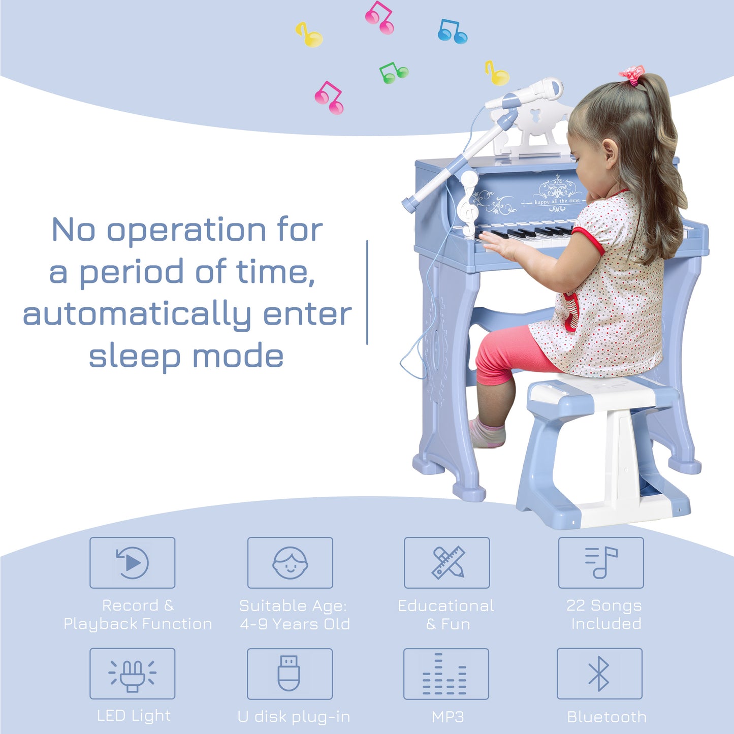 37 Keys Mini Electronic Keyboard Light Kids Musical Instrument Educational Game Children Grand Piano Toy Set w/Stool & Microphone & Music Blue