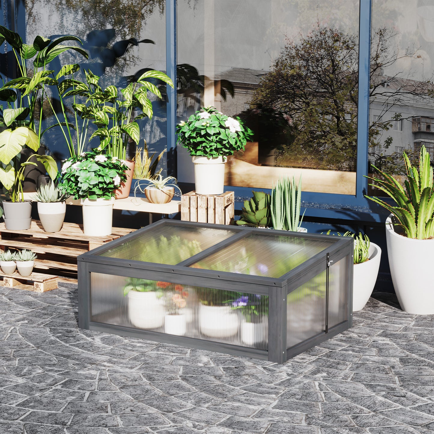 Outsunny Wooden Framed Polycarbonate Cold Frame Greenhouse for Plants Outdoor with Openable & Tilted Top Cover, PC Board, Brown, 100 x 65 x 40cm