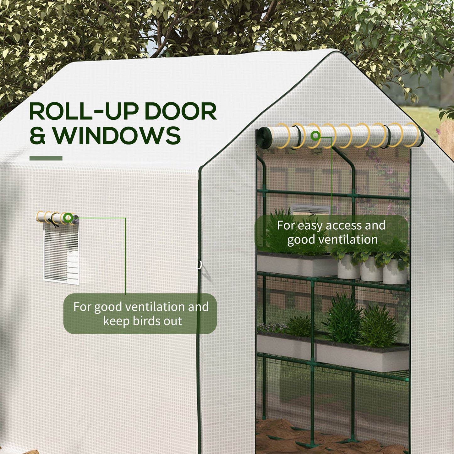 Outsunny Walk-in Greenhouse w/ 3 Tier Shelves, Green House Garden Grow House w/ PE Cover, Roll-up Door, Mesh Windows, 140 x 213 x 190cm, White