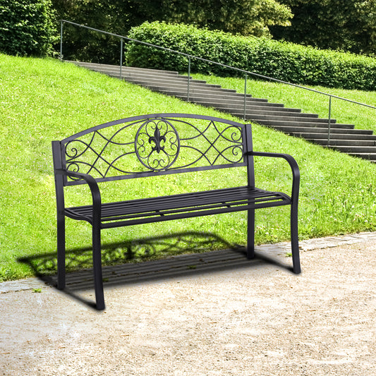 Outsunny 2 Seater Outdoor Patio Metal Garden Bench Yard Furniture Porch Park Chair Loveseat Black 129L x 91H x 50W cm