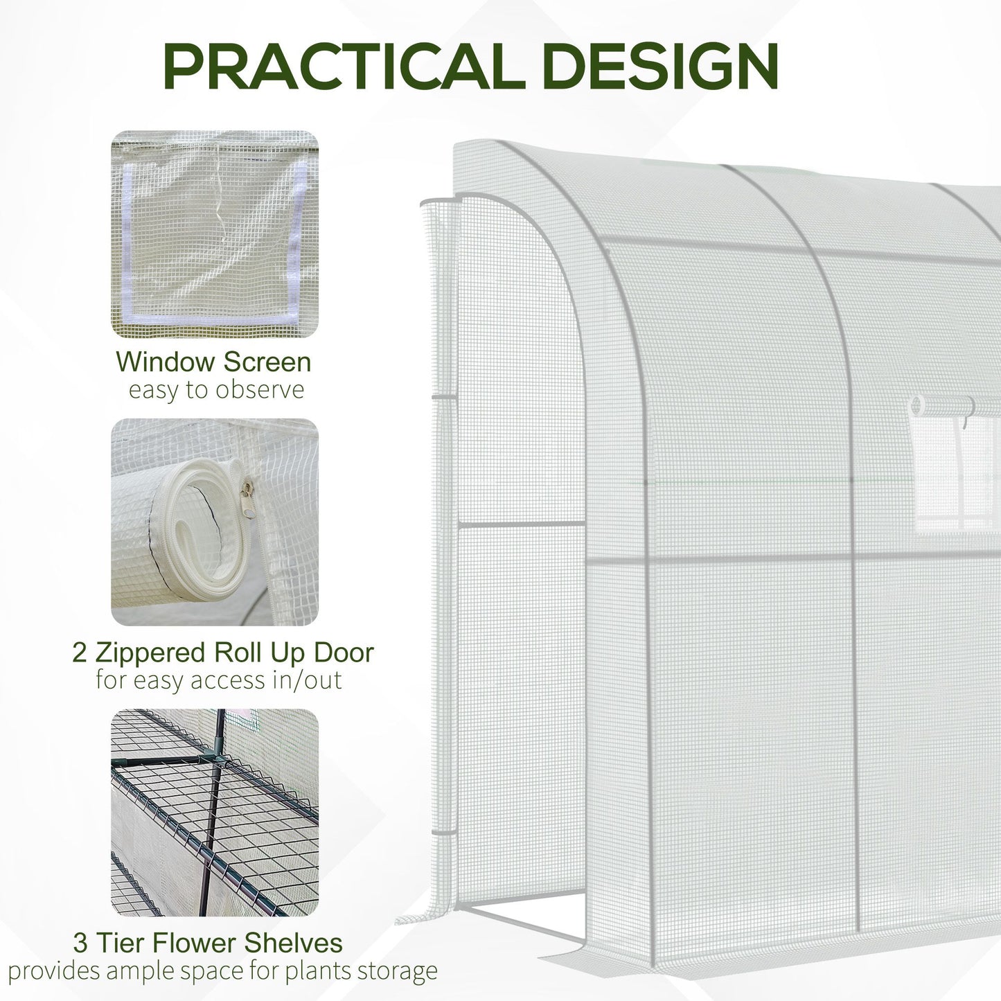 Outsunny Walk-In Lean to Polytunnel Greenhouse with Windows and Doors 2 Tiers 4 Wired Shelves 200L x 100W x 215Hcm White