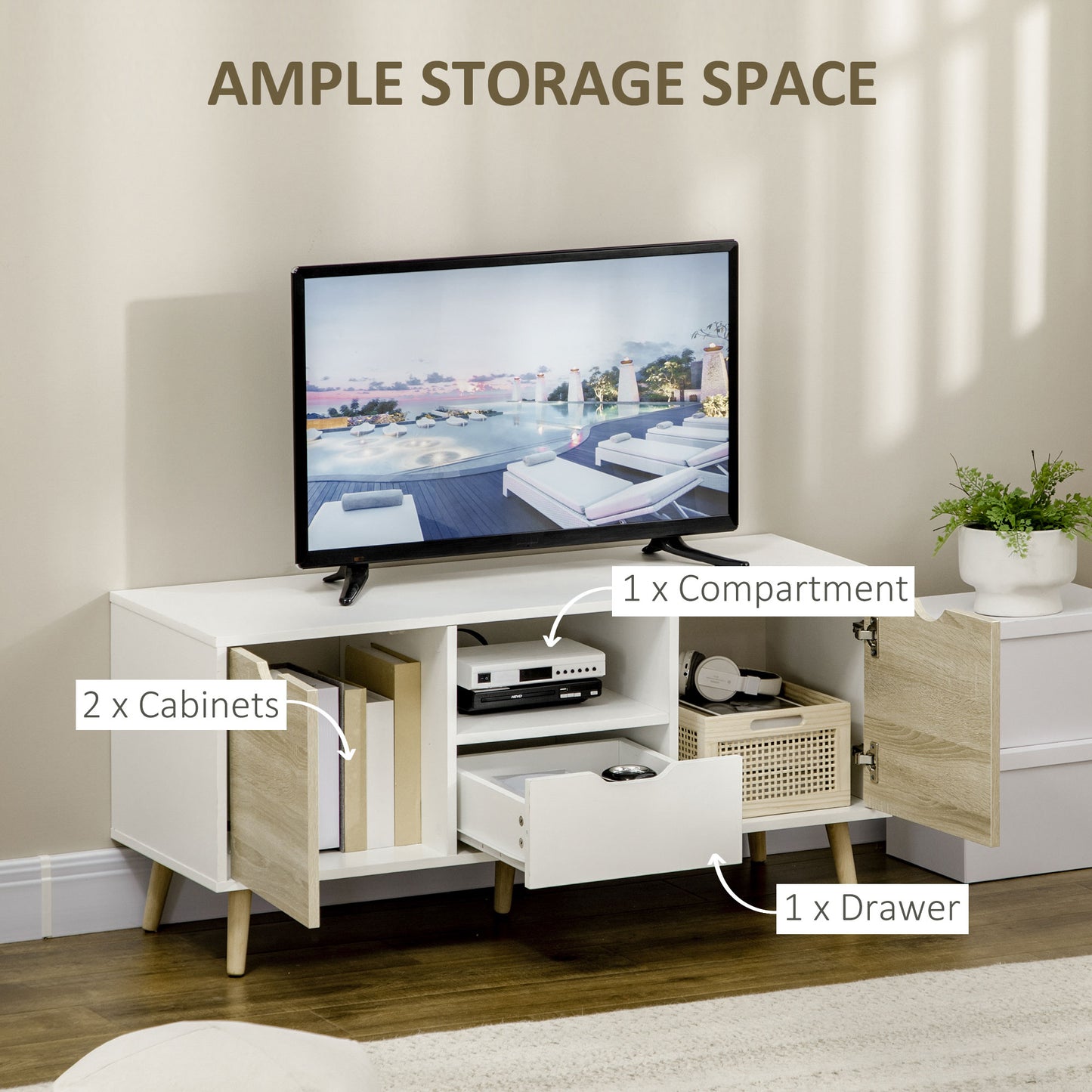 TV Unit Cabinet for TVs up to 50 Inches, TV Stand with Storage Cabinets and Drawer for Living Room and Bedroom, Natural