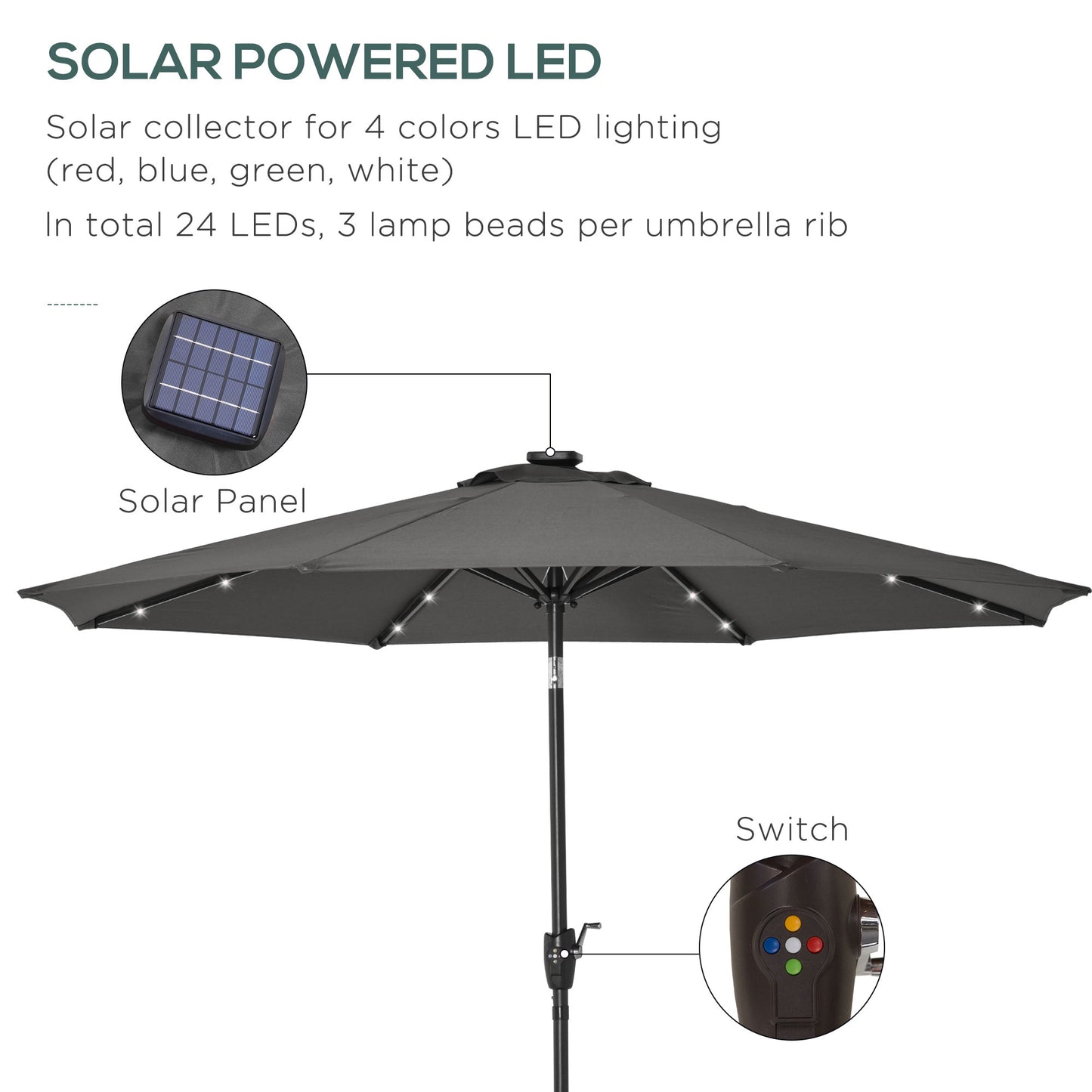 Outsunny Garden 24 LED Light Parasol Outdoor Tilt Sun Umbrella Patio Club Party Event Manual Sun Shade w/ Hand Crank Grey